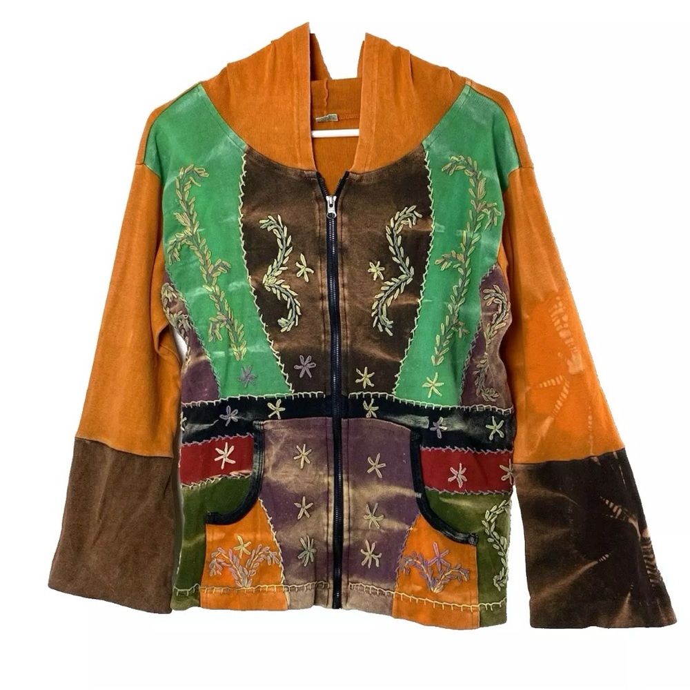 Patchwork Embroidered Zip Front Hooded Sweatshirt… - image 1